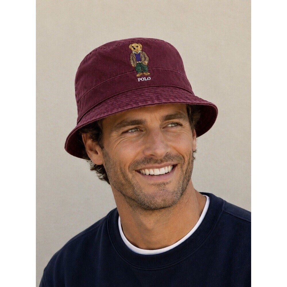 NWT Polo Ralph Lauren Polo Bear Bucket Hat Burgundy Wine S/M Cotton